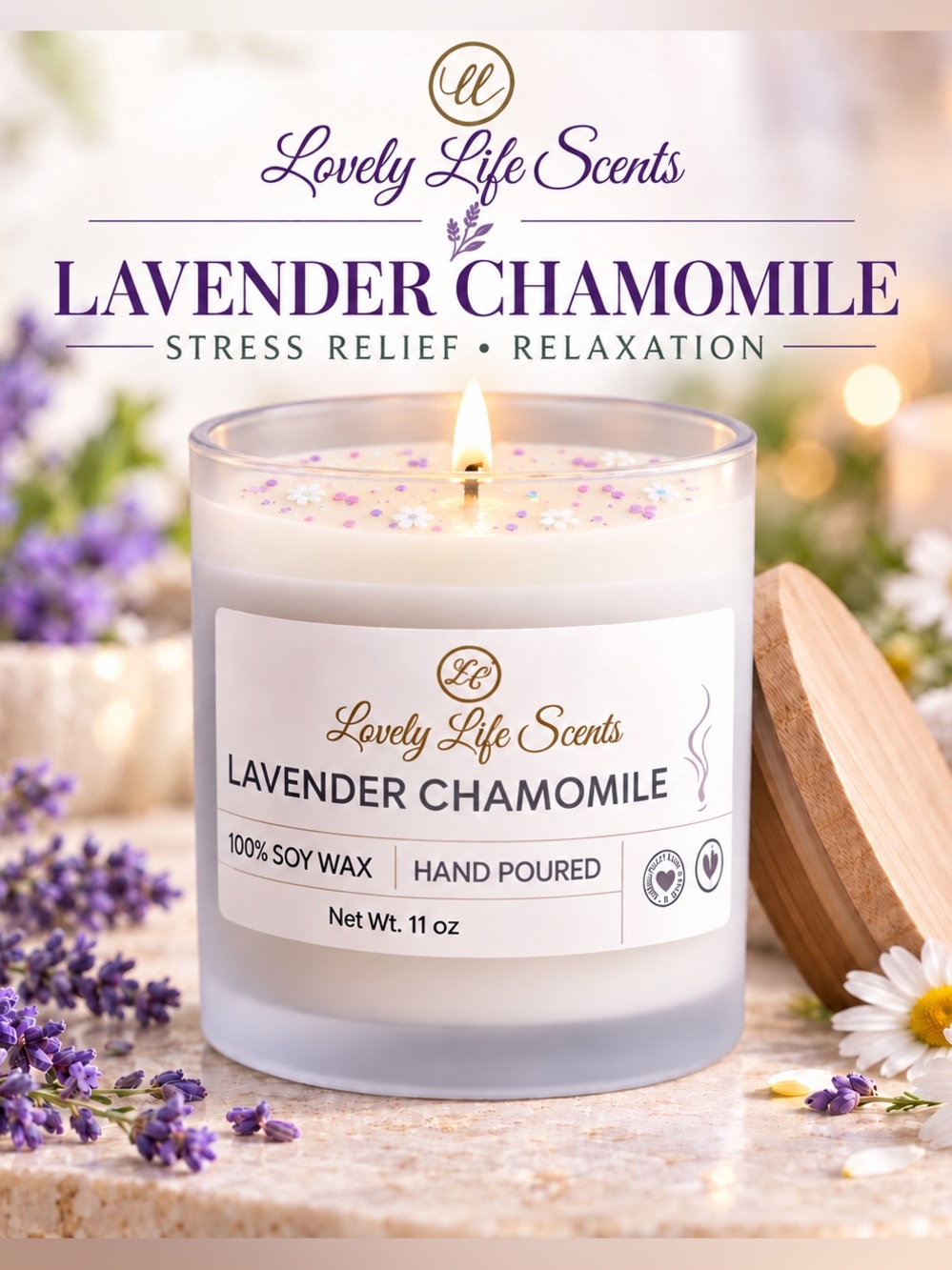 Lavender Chamomile 100% Premium Soy Wax 11 oz Candle by Lovely Life Scents